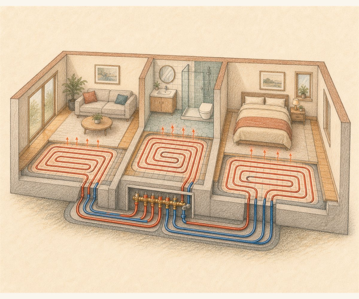 Z barvicami narisan tloris treh prostorov z ločenimi zankami talnega ogrevanja in skupnim razdelilnikom